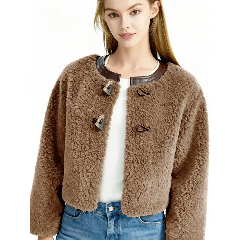 Väri-block Crewneck Toggle Buttons Pocket Sherpa takki