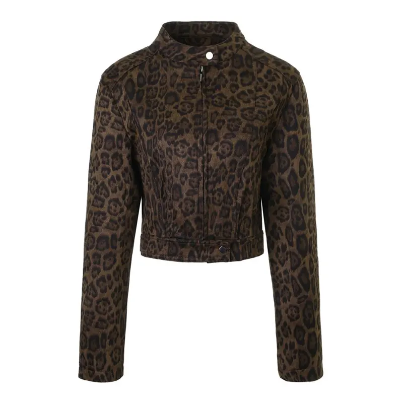 Crewneck Leopard Print mokkanahkainen rajattu takki