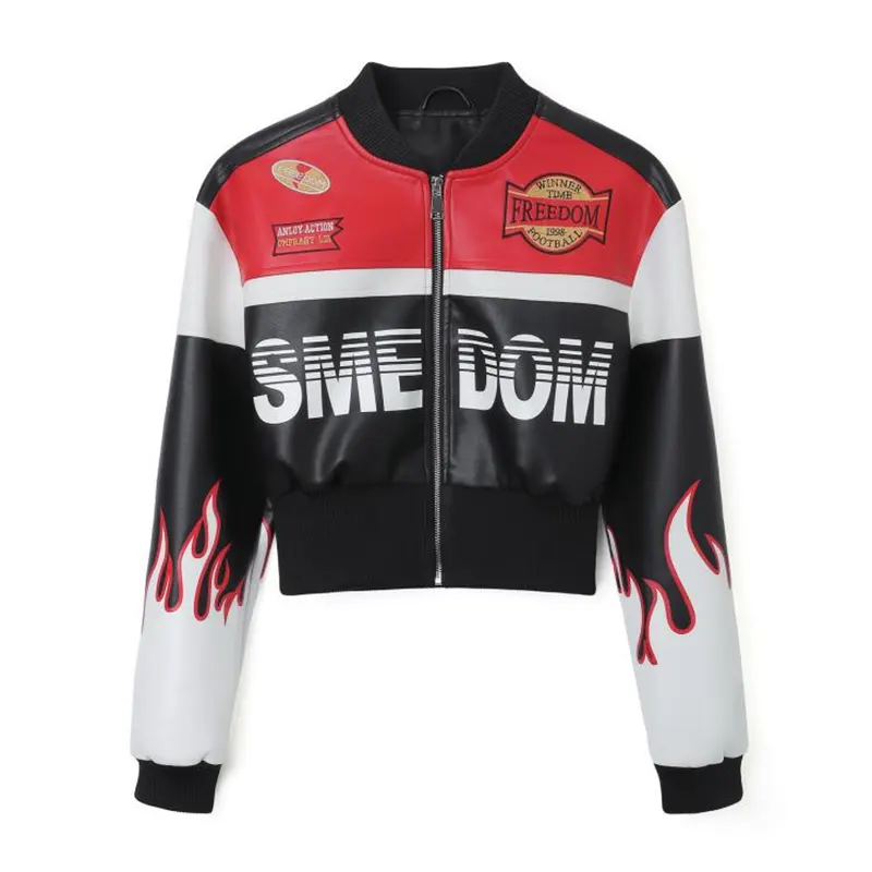 Flame Print Faux Leather Biker takki